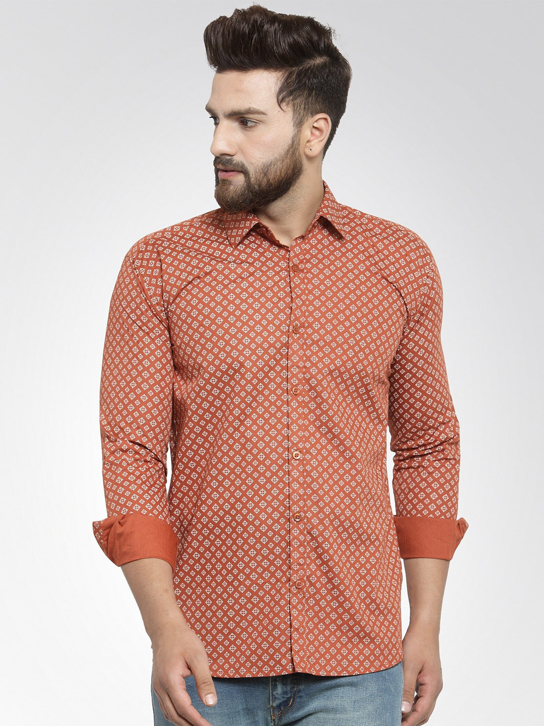 

JAINISH Men Rust & White Classic Printed Pure Cotton Casual Shirt