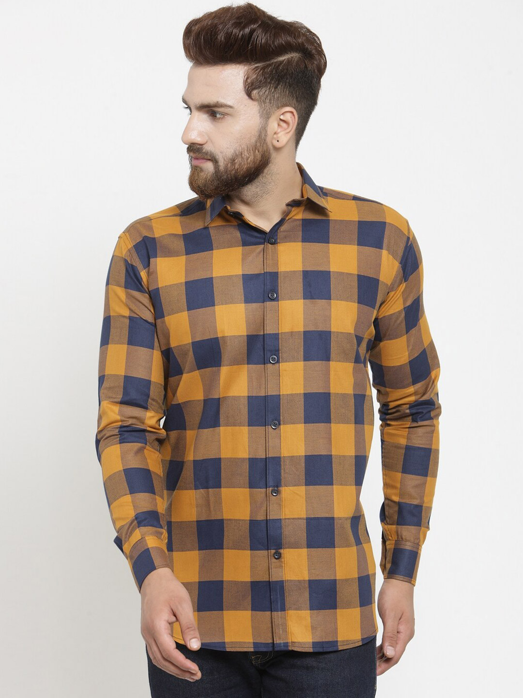 

JAINISH Men Mustard & Navy Blue Classic Buffalo Checks Checked Slim Fit Cotton Casual Shirt