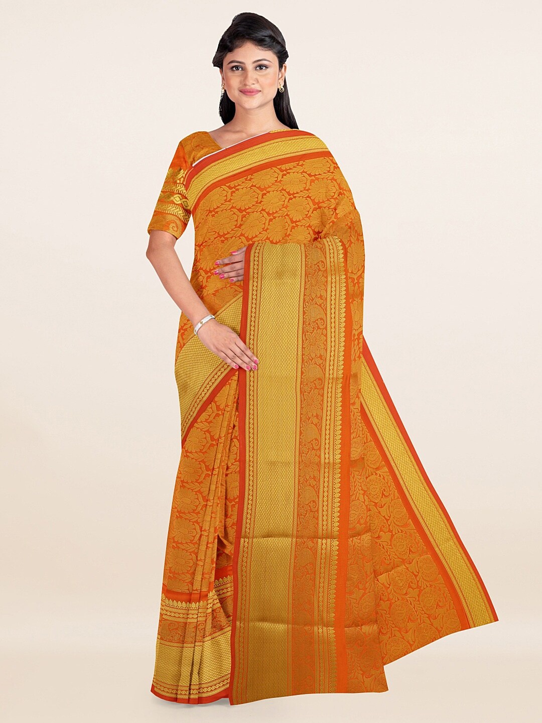 

Pothys Orange & Gold-Toned Ethnic Motifs Zari Art Silk Saree