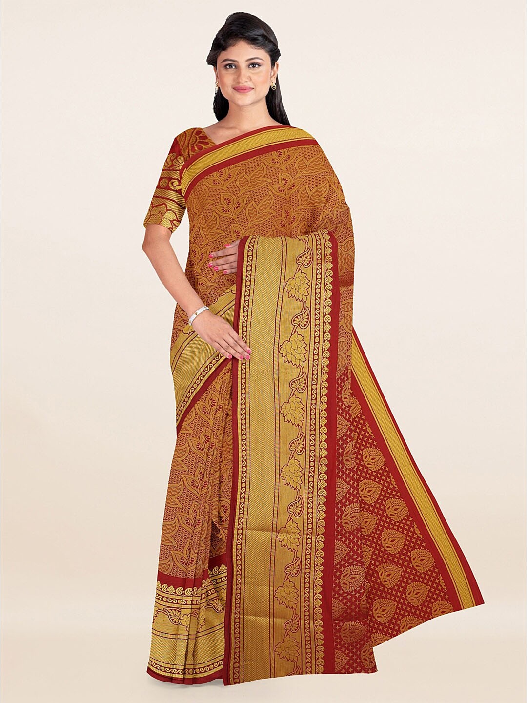 

Pothys Maroon & Gold-Toned Ethnic Motifs Zari Art Silk Saree