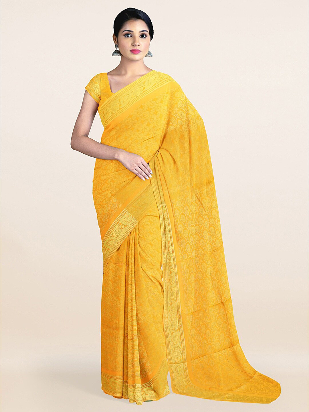 

Pothys Yellow & Golden Ethnic Motifs Zari Art Silk Saree