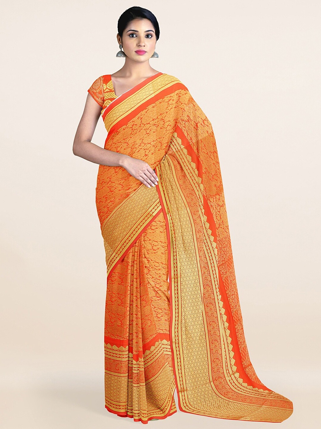 

Pothys Orange & Golden Floral Zari Art Silk Saree