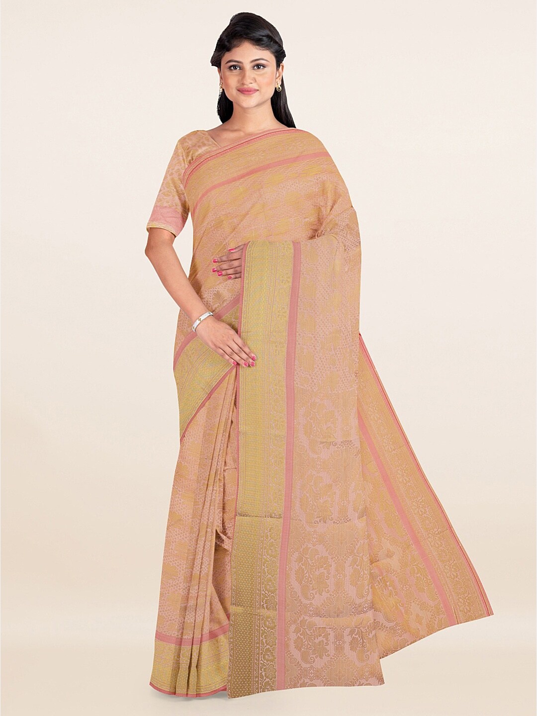 

Pothys Peach-Coloured & Gold Ethnic Motifs Zari Art Silk Saree