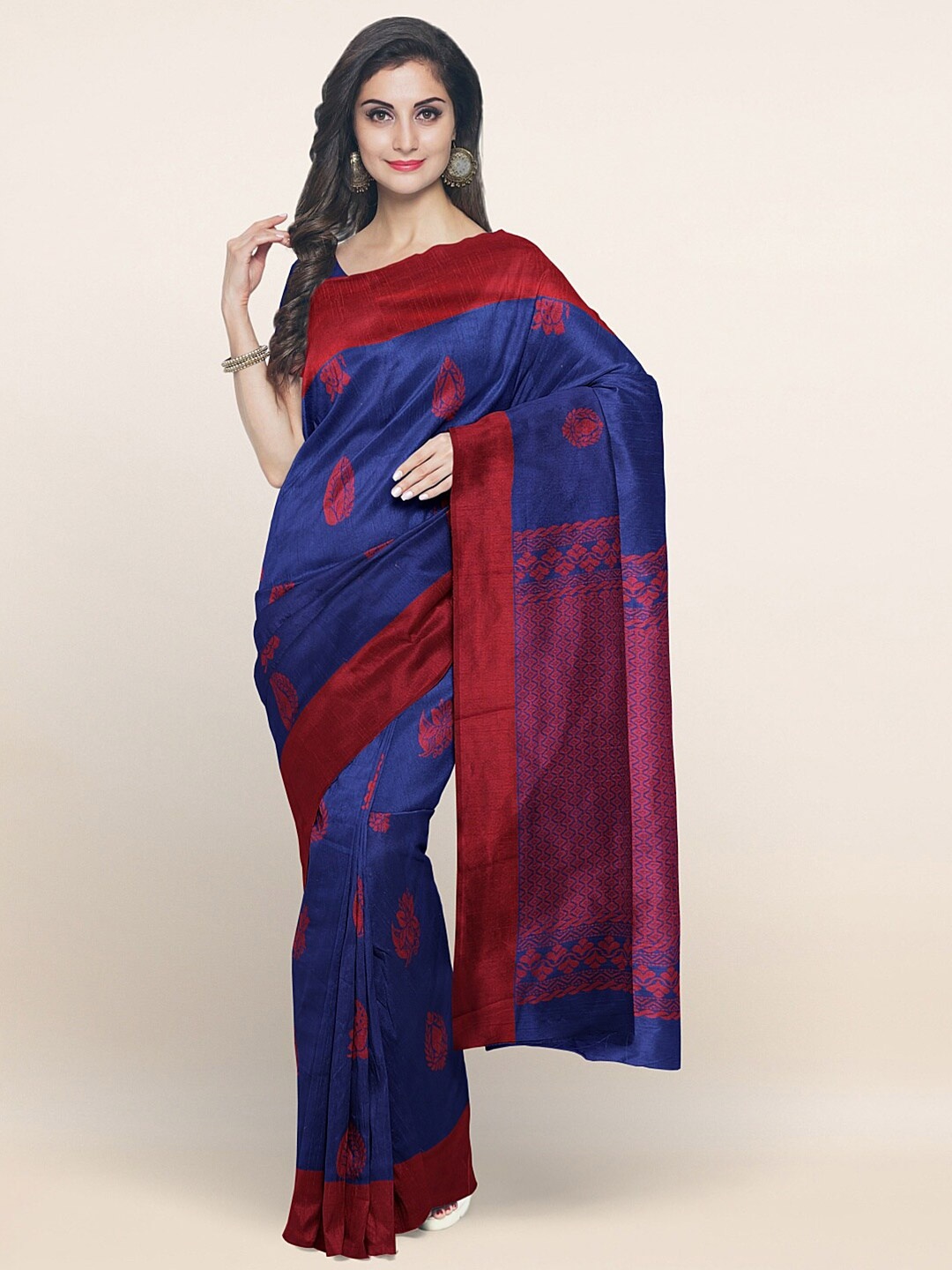 

Pothys Blue & Maroon Ethnic Motifs Silk Blend Saree