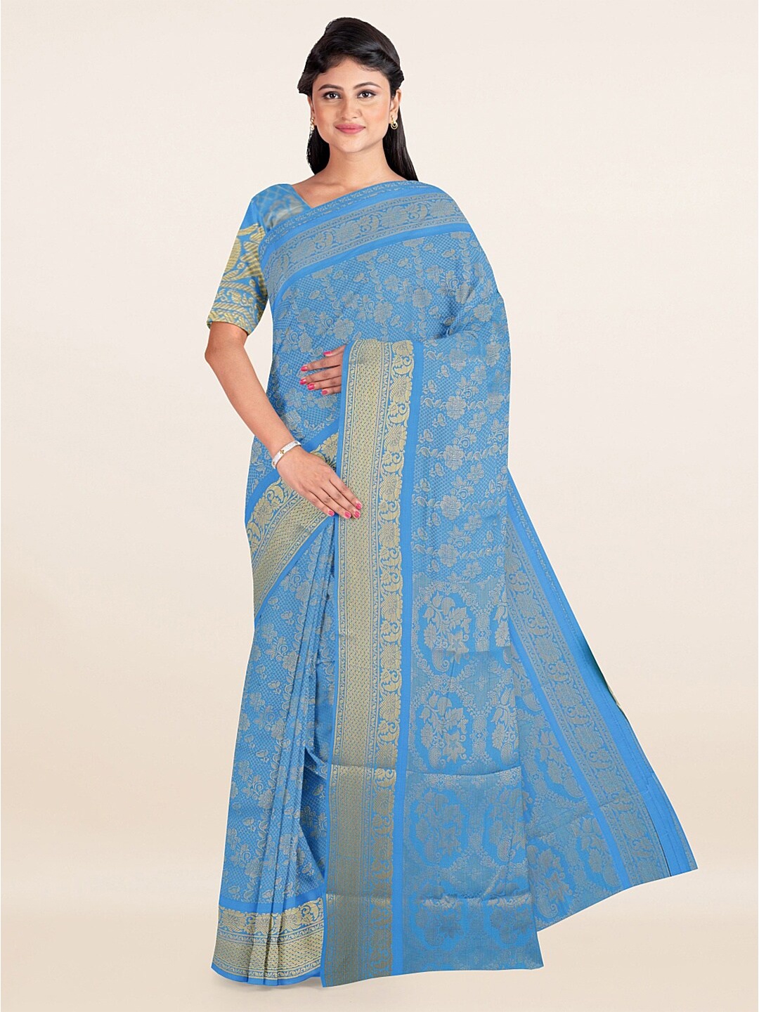 

Pothys Blue & Gold-Toned Floral Woven Design Saree