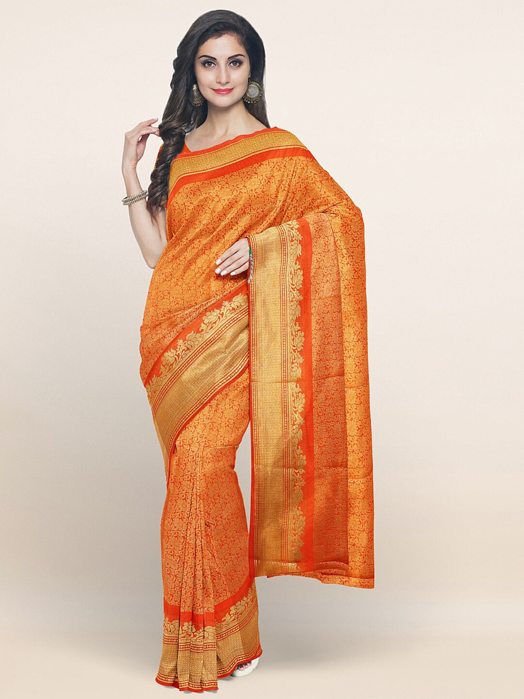 

Pothys Orange & Gold-Toned Woven Design Art Silk Saree