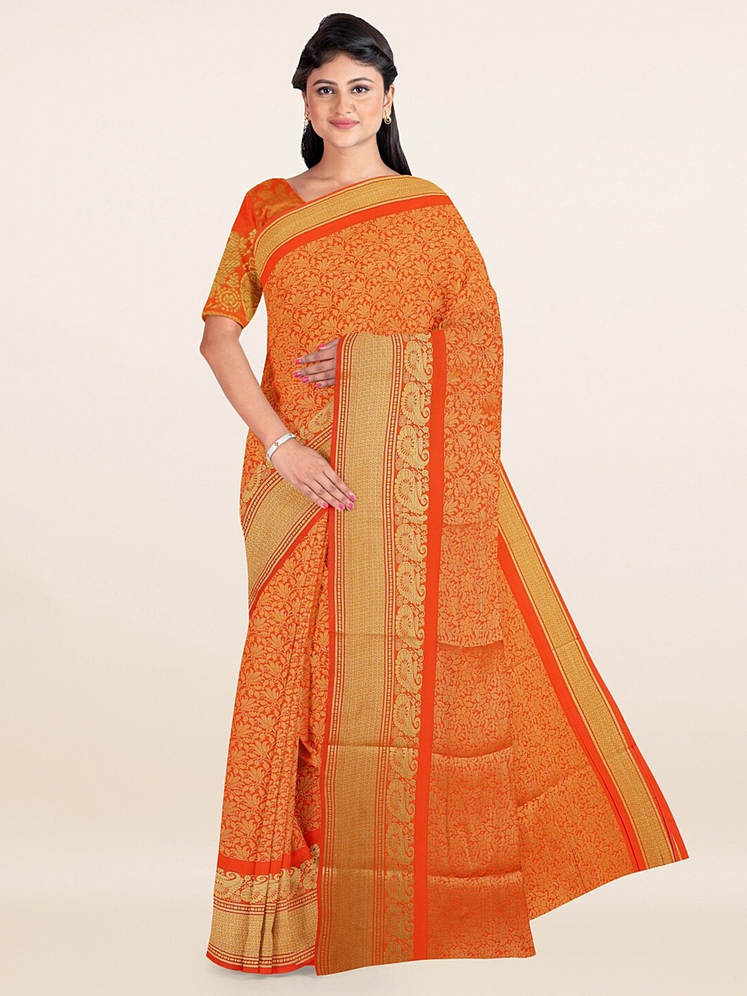 

Pothys Orange & Gold-Toned Ethnic Motifs Zari Art Silk Saree