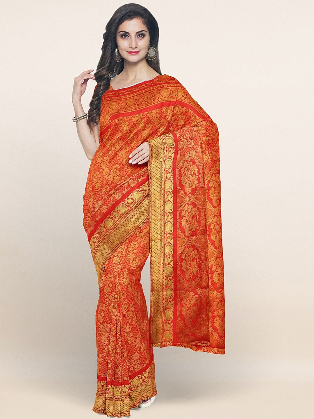 

Pothys Orange & Gold-Toned Woven Design Art Silk Saree