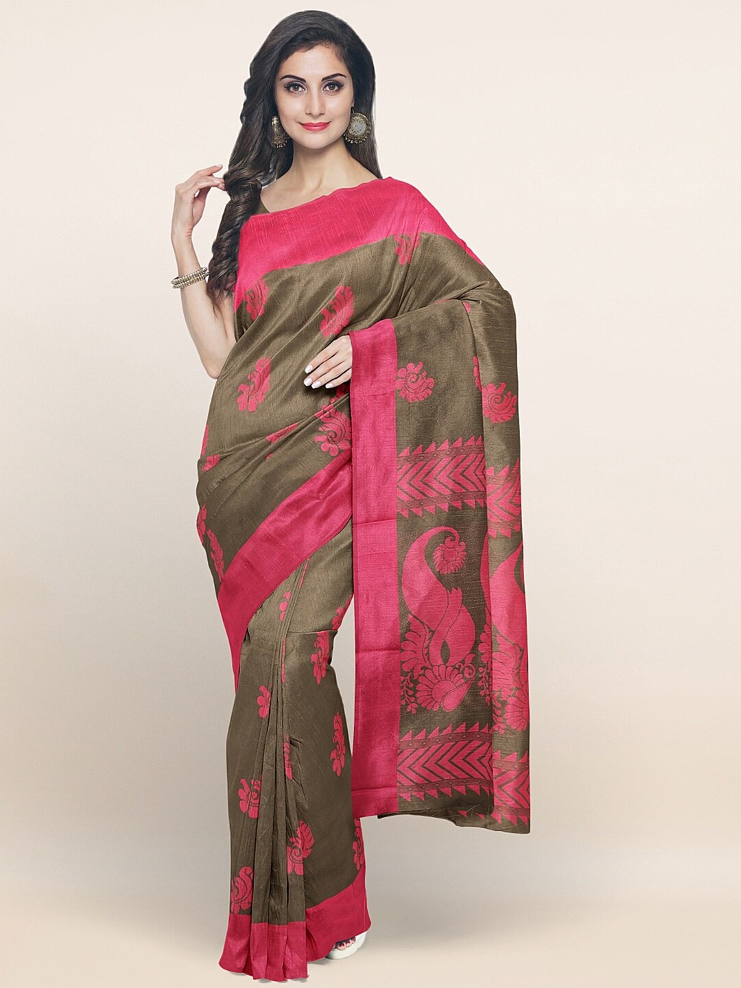 

Pothys Taupe & Pink Ethnic Motifs Silk Blend Saree