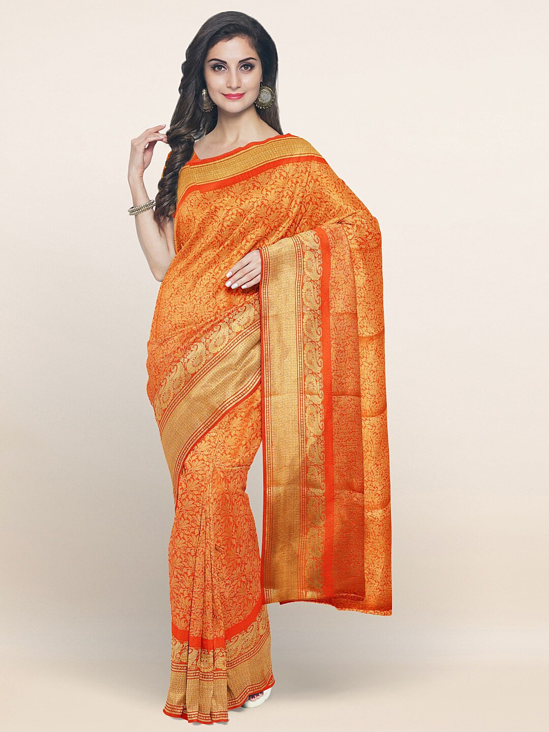 

Pothys Orange & Golden Floral Art Silk Saree
