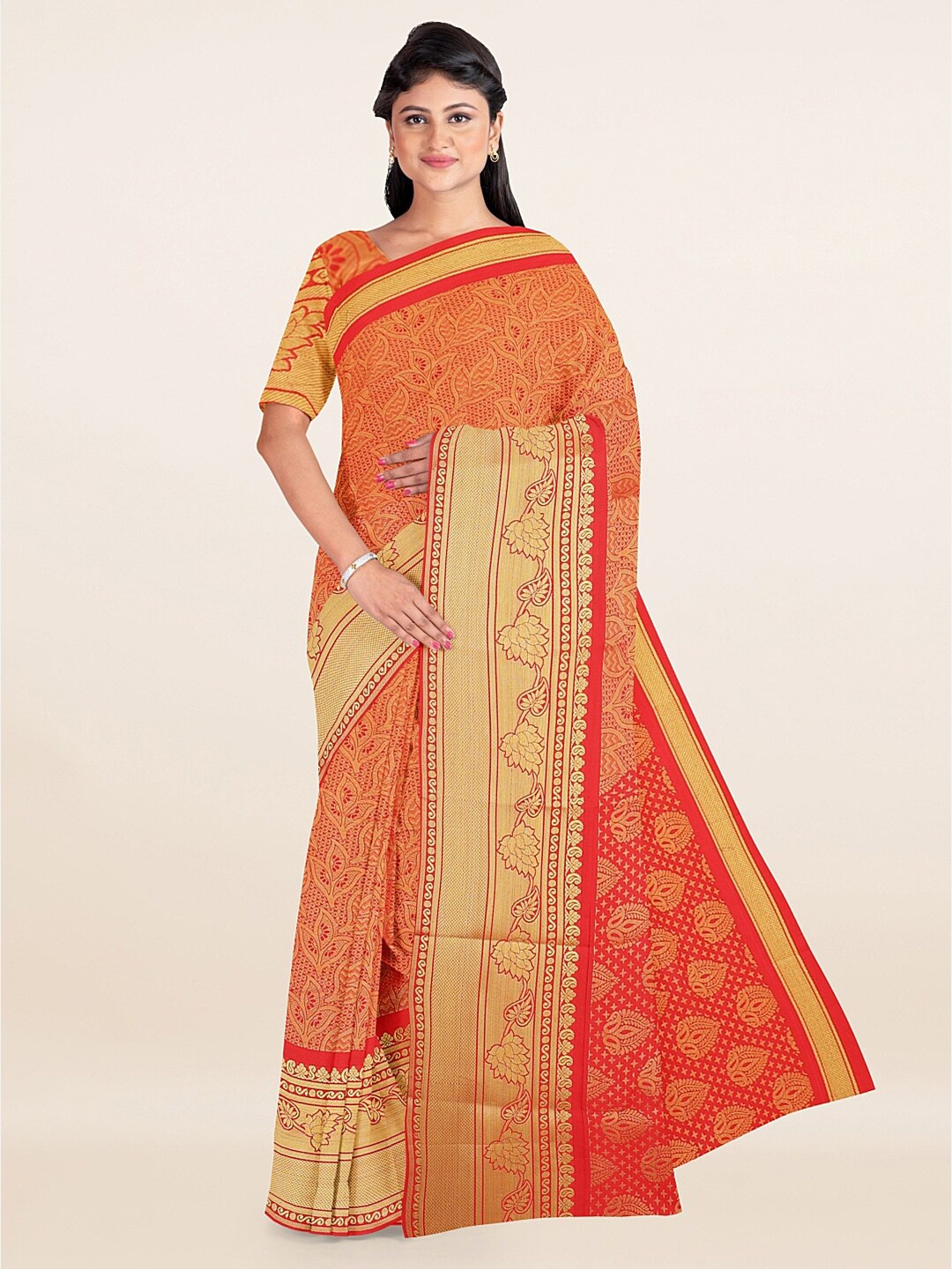 

Pothys Maroon & Gold-Toned Woven Design Art Silk Saree