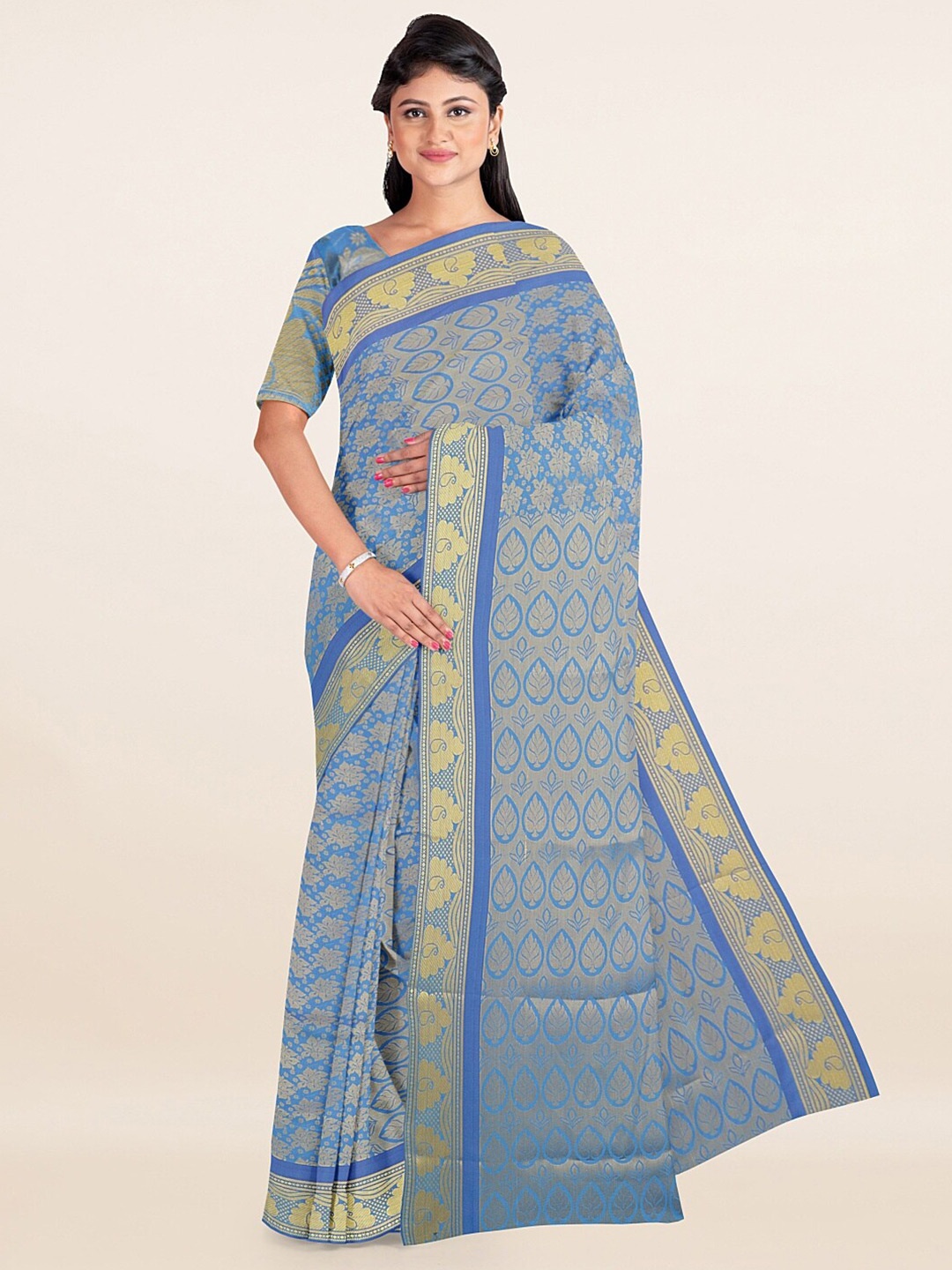 

Pothys Blue & Gold-Toned Ethnic Motifs Art Silk Saree