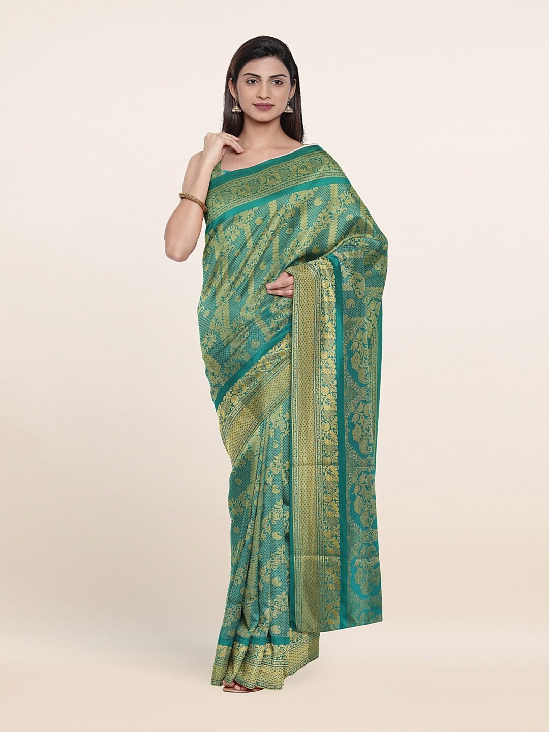 

Pothys Green & Gold-Toned Woven Design Art Silk Saree