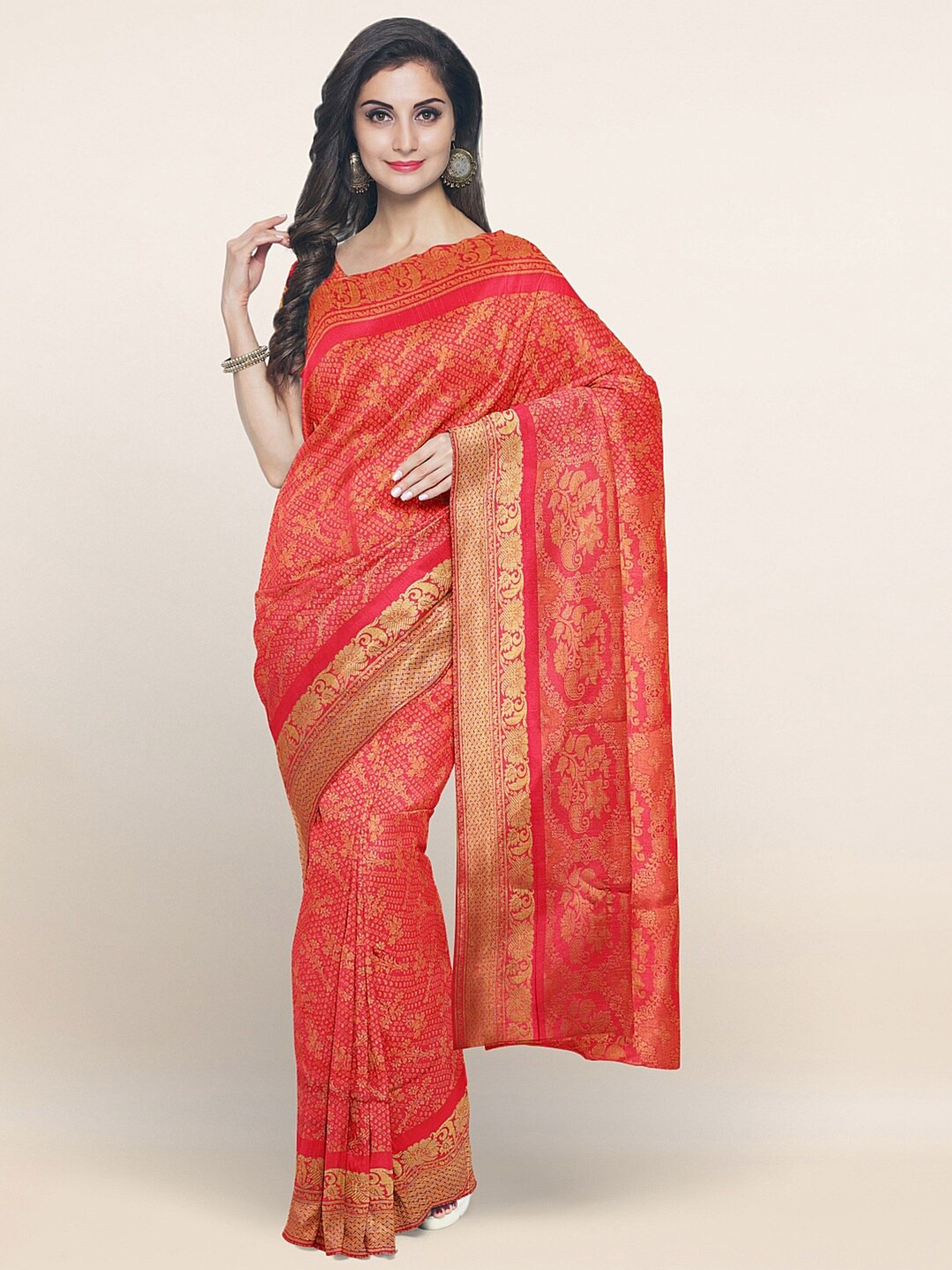 

Pothys Pink & Gold-Toned Ethnic Motifs Art Silk Saree