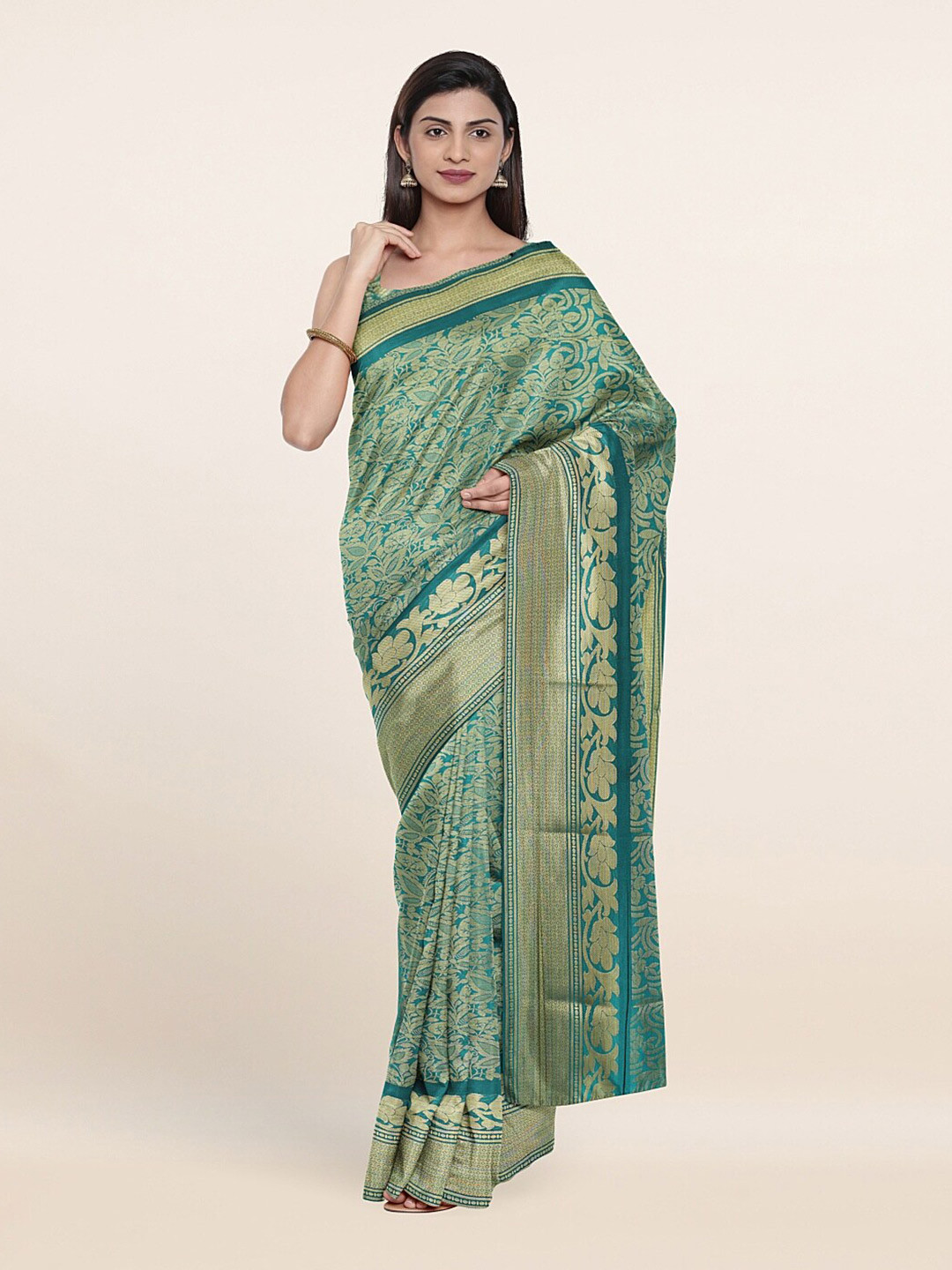 

Pothys Green & Gold-Toned Floral Woven Design Saree