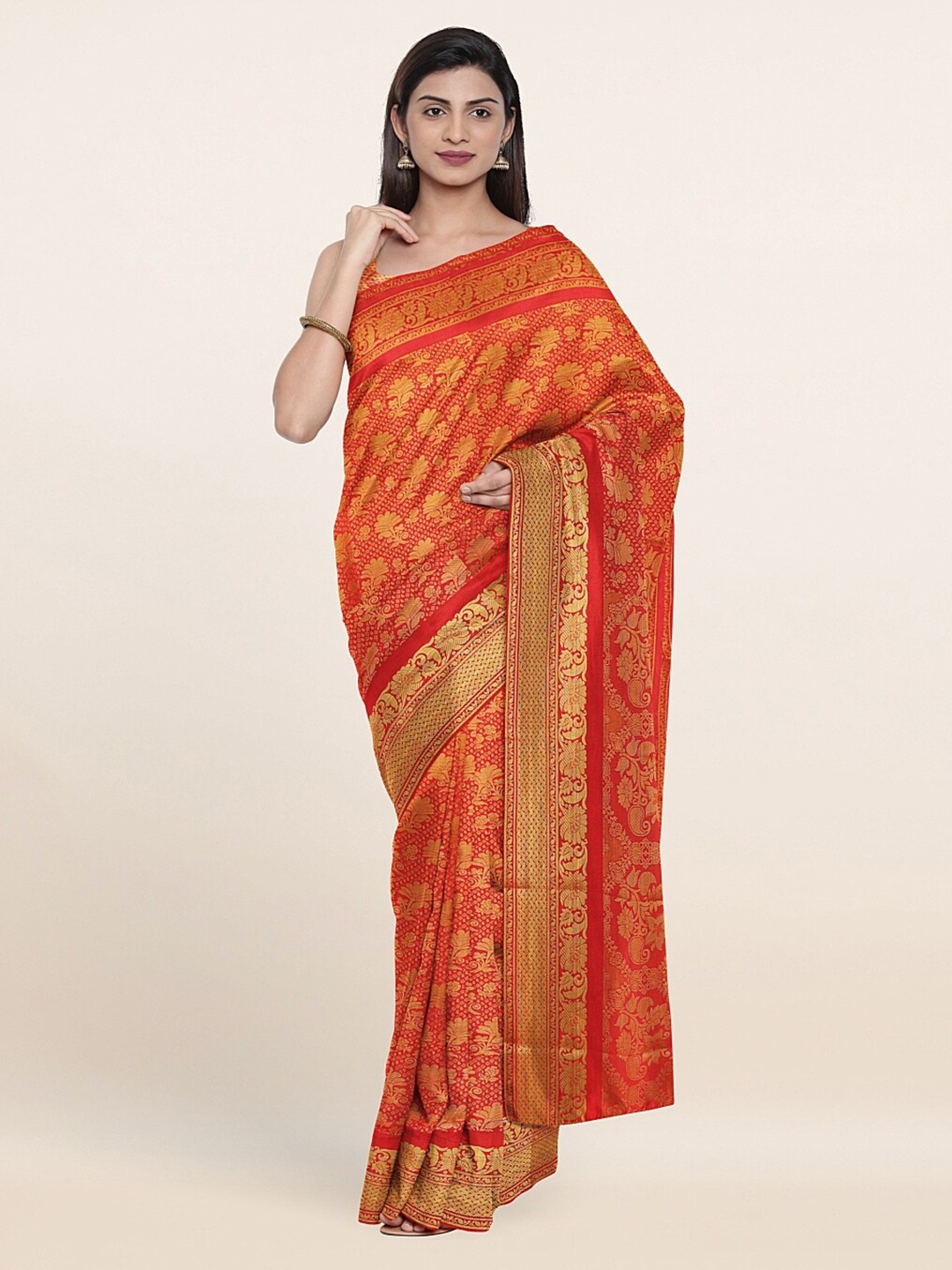 

Pothys Red & Gold-Toned Ethnic Motifs Zari Art Silk Saree