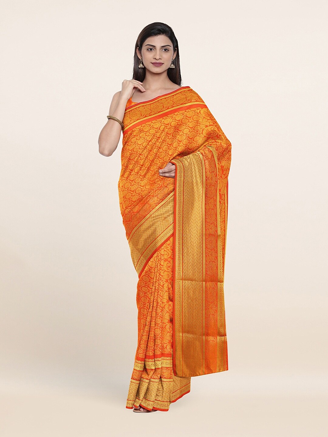 

Pothys Orange & Gold-Toned Floral Art Silk Saree