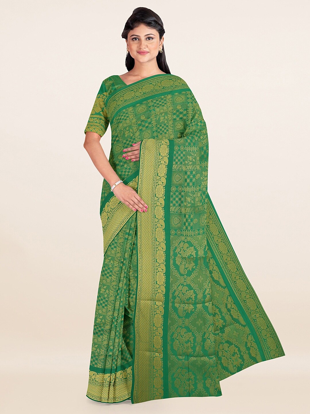 

Pothys Green & Golden Ethnic Motifs Zari Art Silk Saree