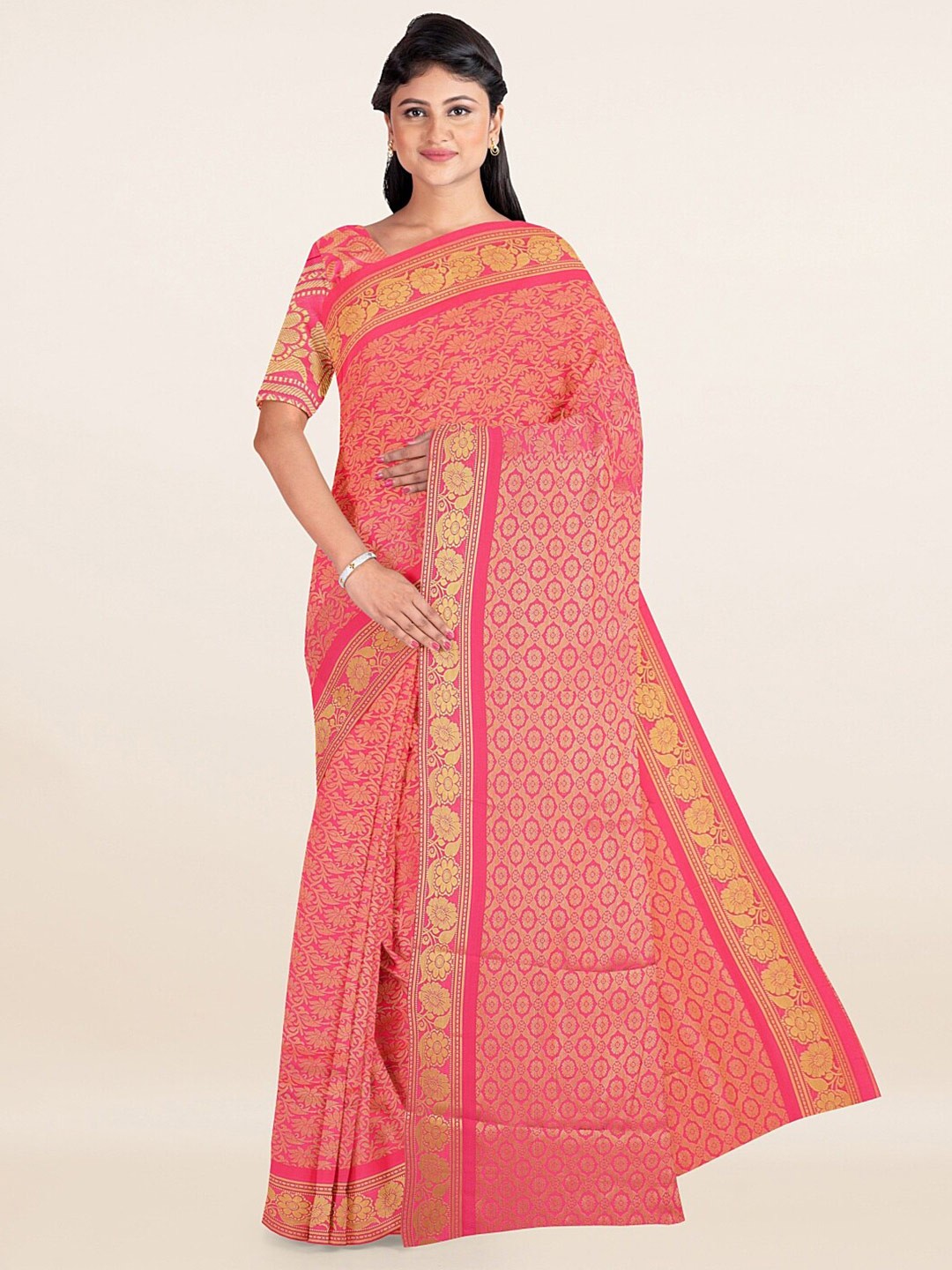 

Pothys Pink & Gold-Toned Woven Design Zari Art Silk Saree
