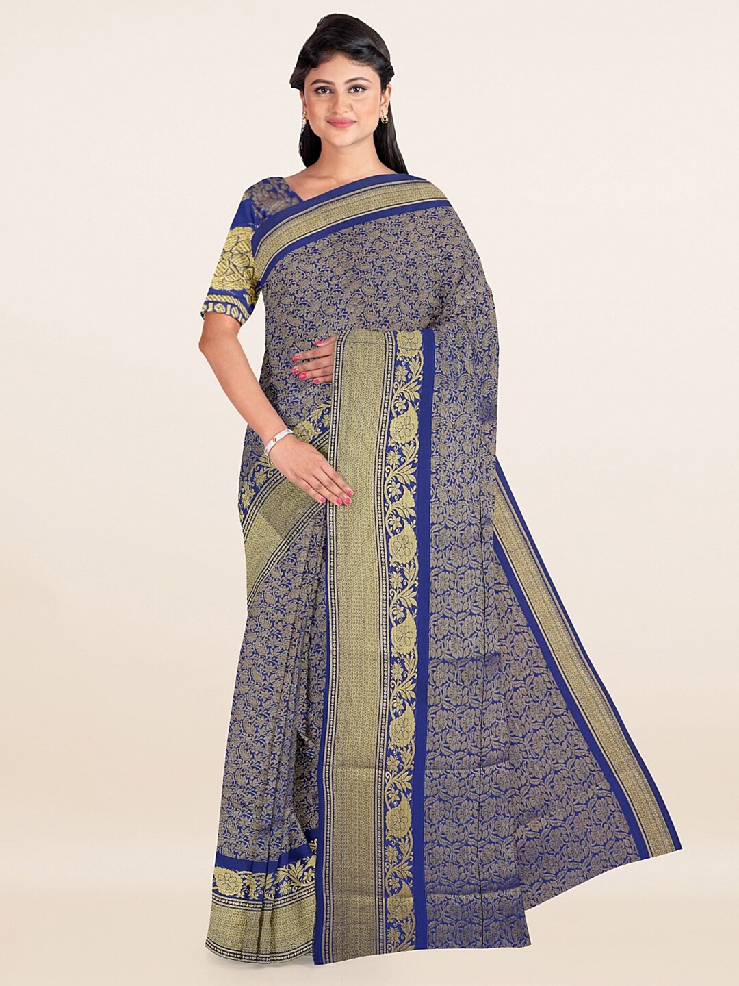 

Pothys Blue & Gold-Toned Floral Zari Art Silk Saree