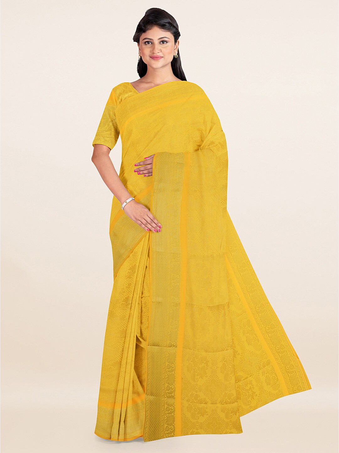 

Pothys Yellow & Gold-Toned Ethnic Motifs Woven Design Saree