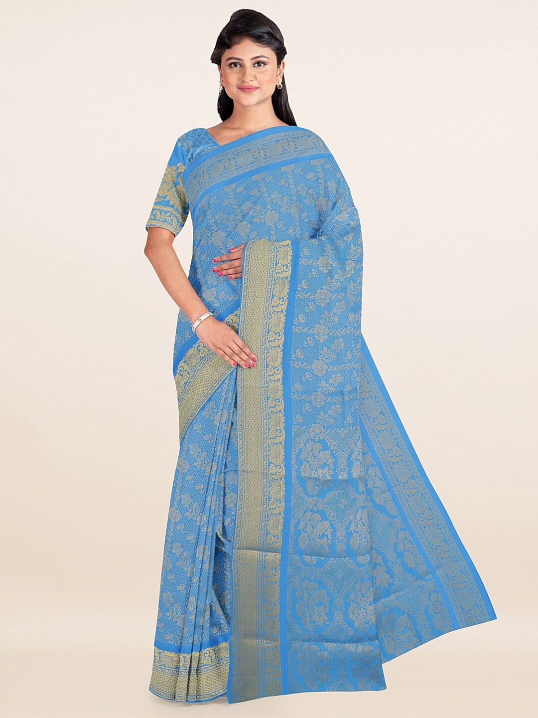 

Pothys Blue & Gold-Toned Ethnic Motifs Zari Art Silk Saree
