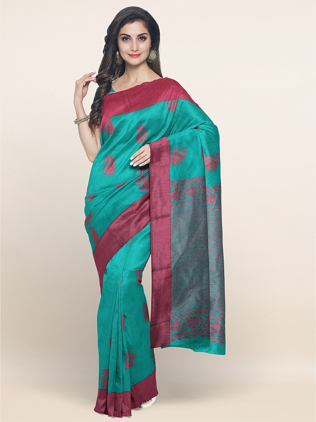 

Pothys Green & Maroon Ethnic Motifs Silk Cotton Saree