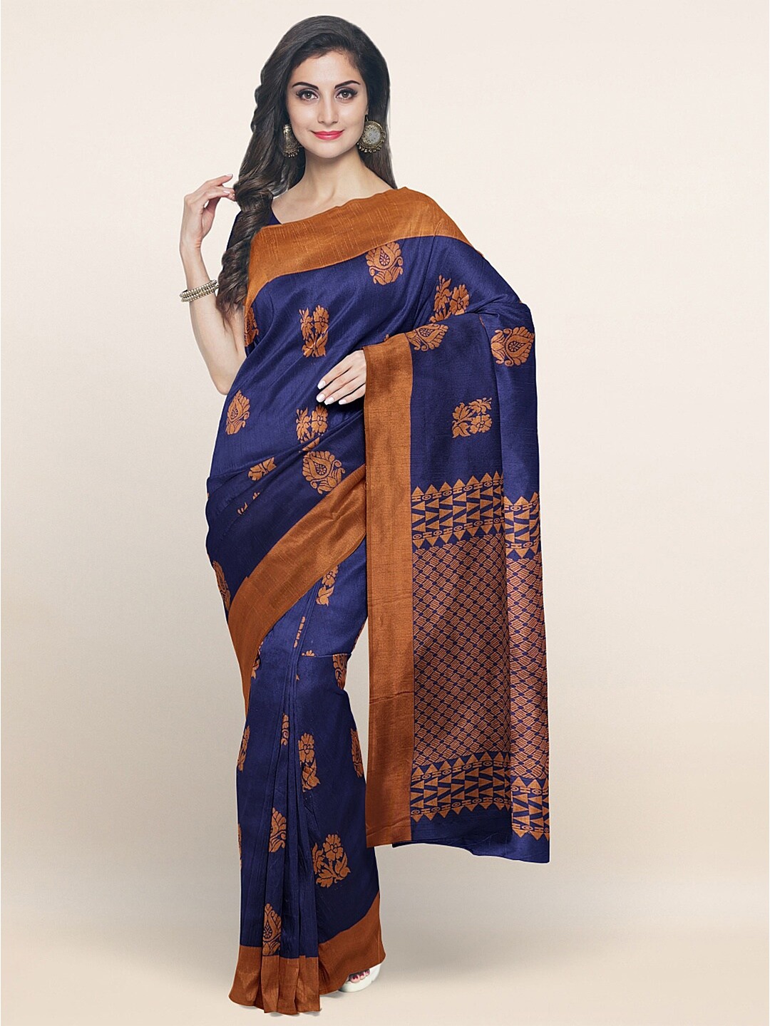 

Pothys Navy Blue & Brown Ethnic Motifs Silk Blend Saree