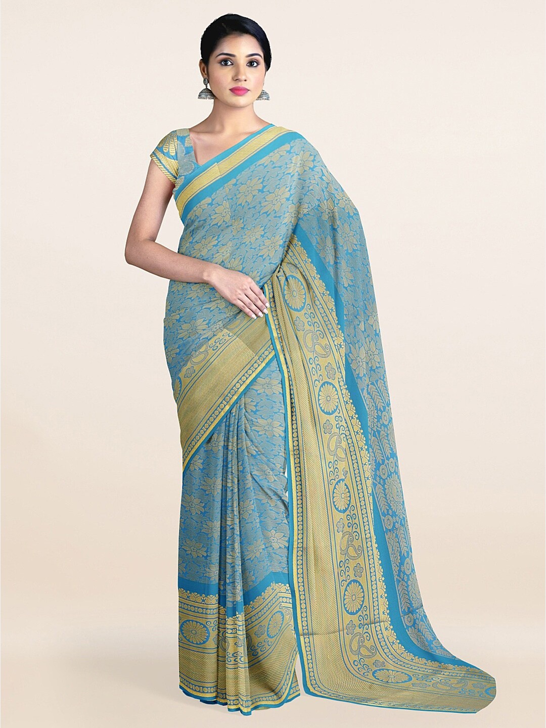 

Pothys Blue & Gold-Toned Woven Design Zari Art Silk Saree