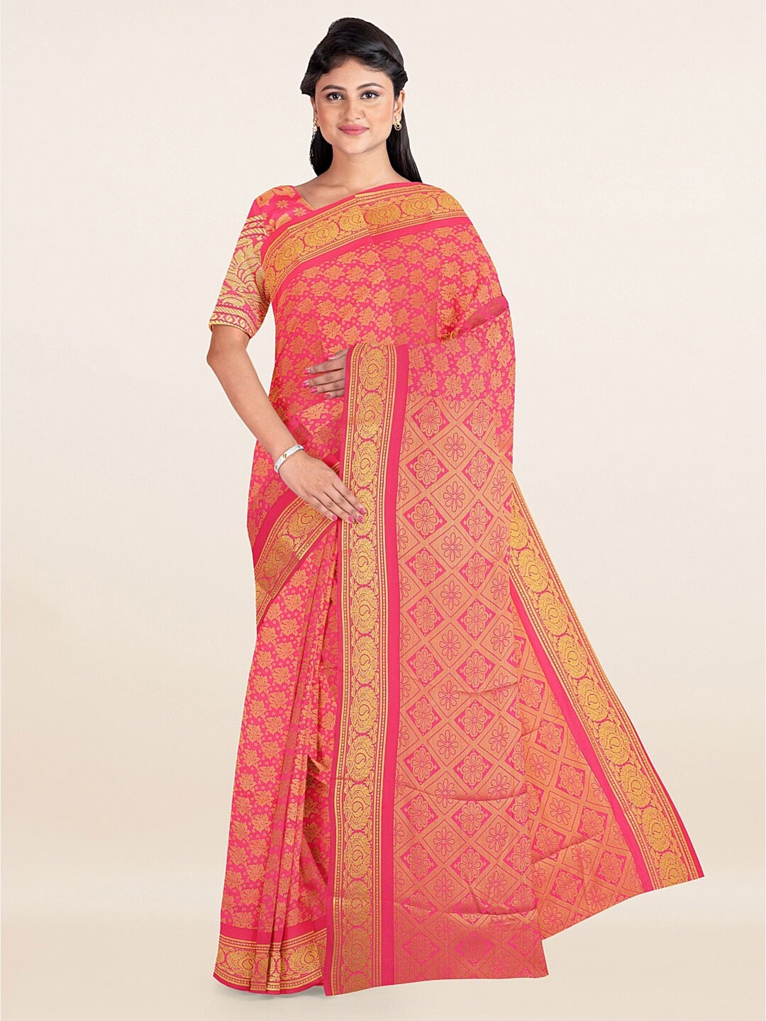 

Pothys Pink & Gold-Toned Floral Zari Art Silk Saree