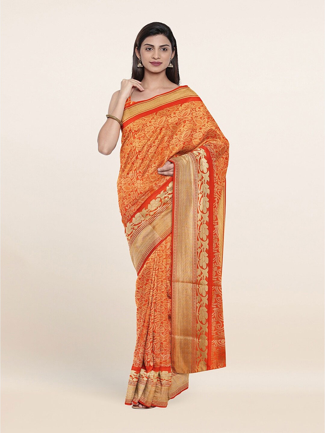 

Pothys Orange & Gold-Toned Woven Design Zari Art Silk Saree