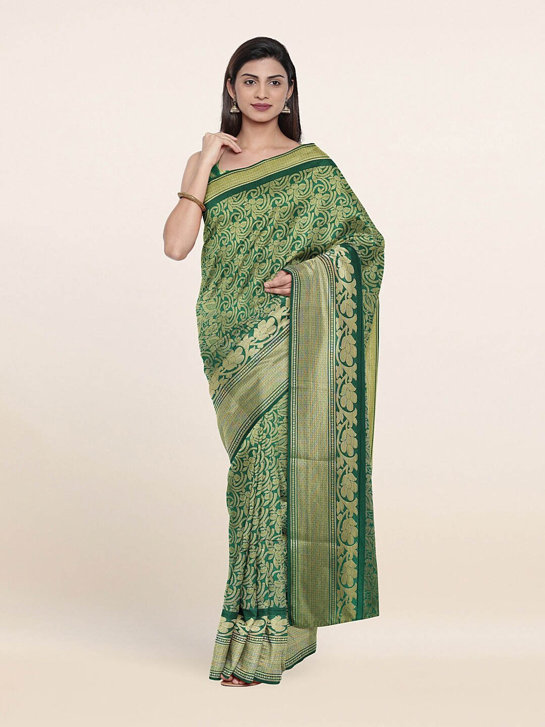 

Pothys Green & Gold-Toned Floral Woven Design Saree