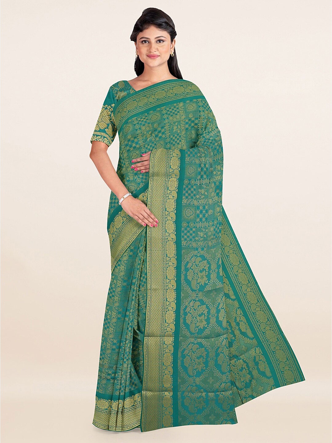 

Pothys Green & Gold-Toned Ethnic Motifs Zari Art Silk Saree