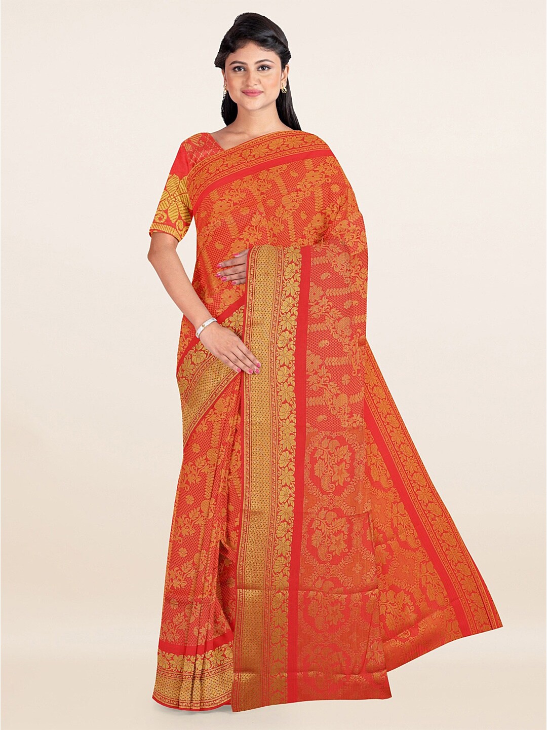 

Pothys Red & Golden Ethnic Motifs Zari Art Silk Saree
