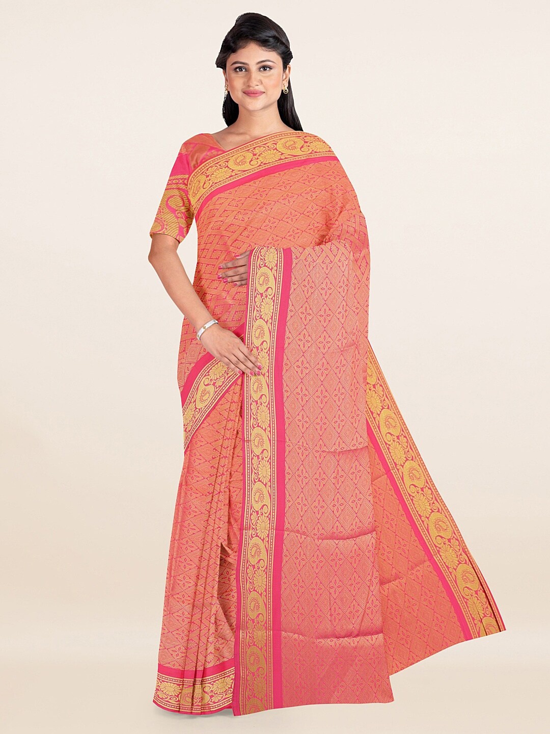 

Pothys Pink & Gold-Toned Abstract Woven Design Saree