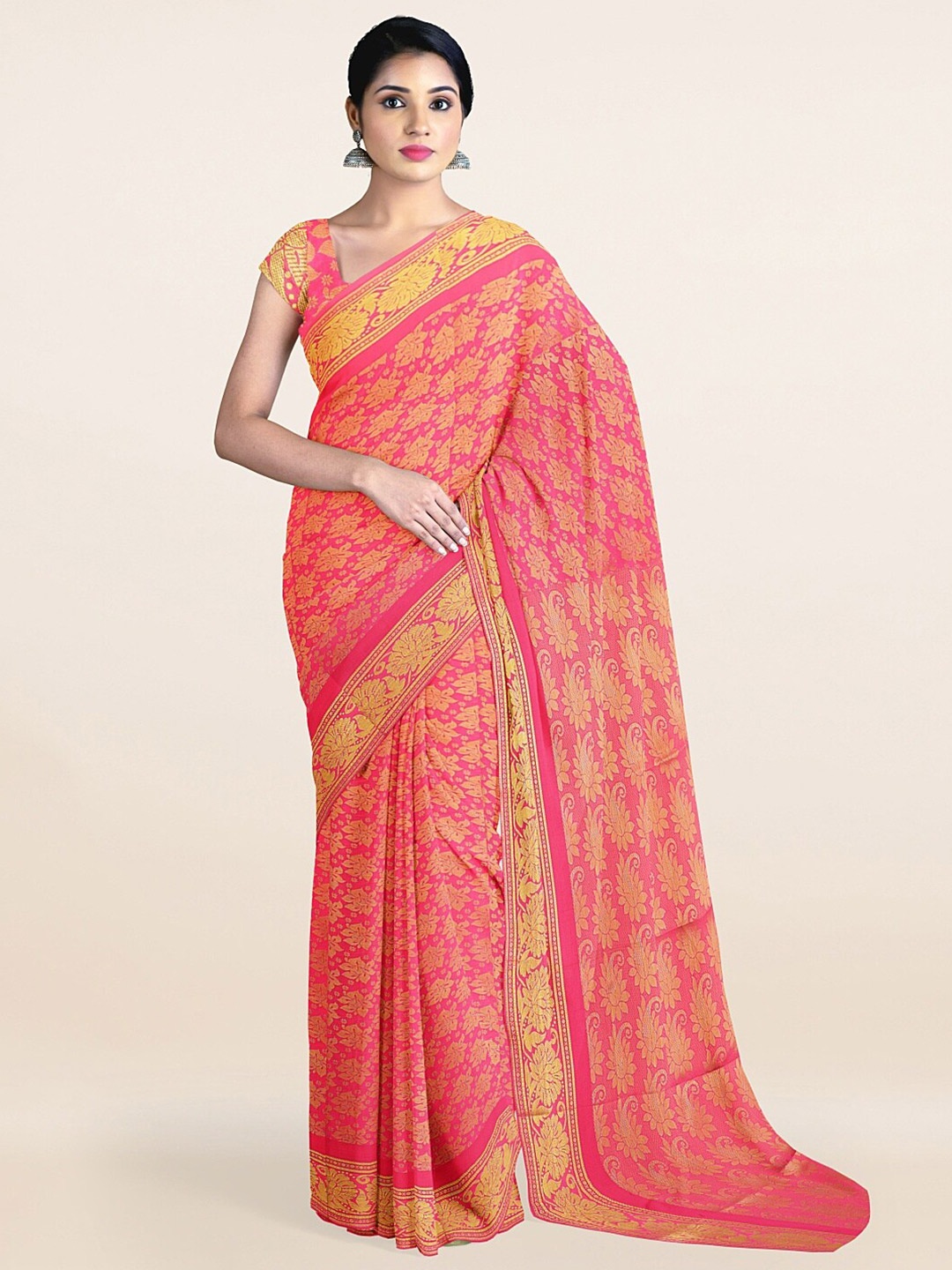 

Pothys Pink & Gold-Toned Floral Art Silk Saree