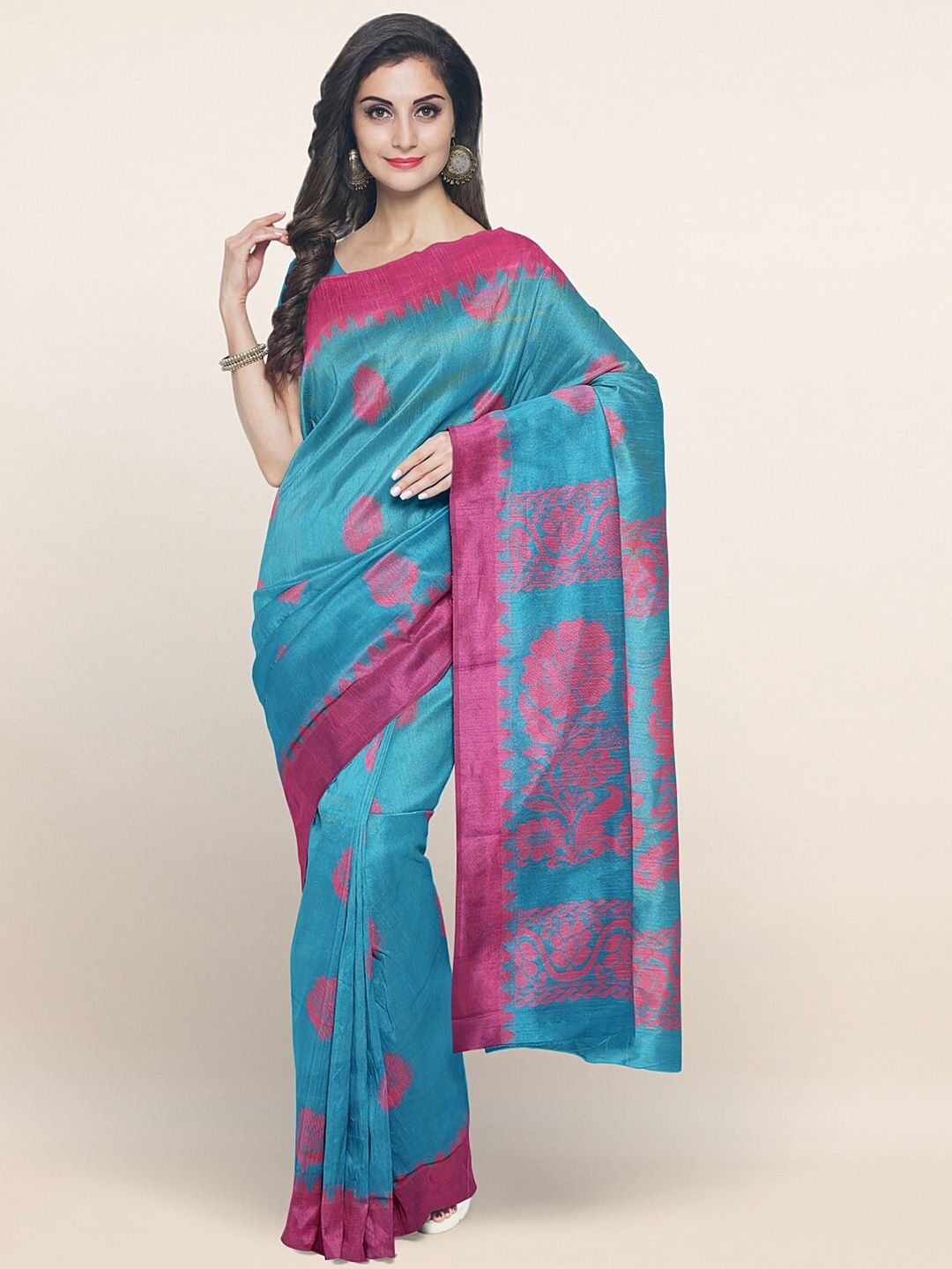 

Pothys Teal & Pink Woven Design Silk Blend Saree