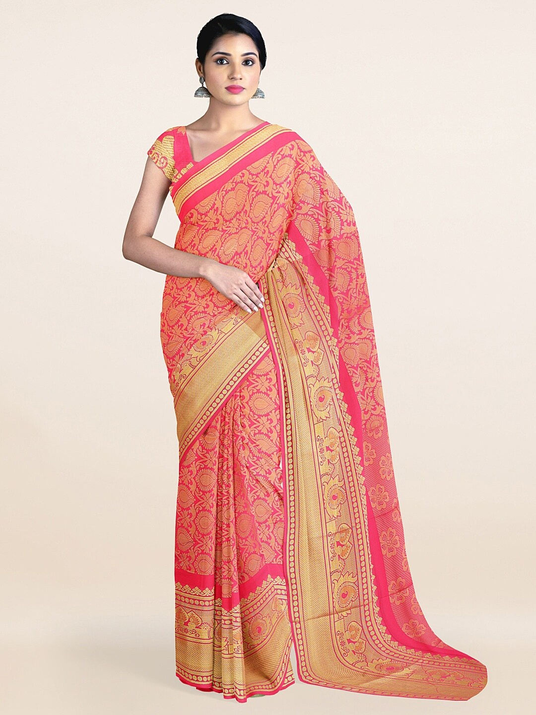 

Pothys Pink & Gold-Toned Woven Design Zari Art Silk Saree