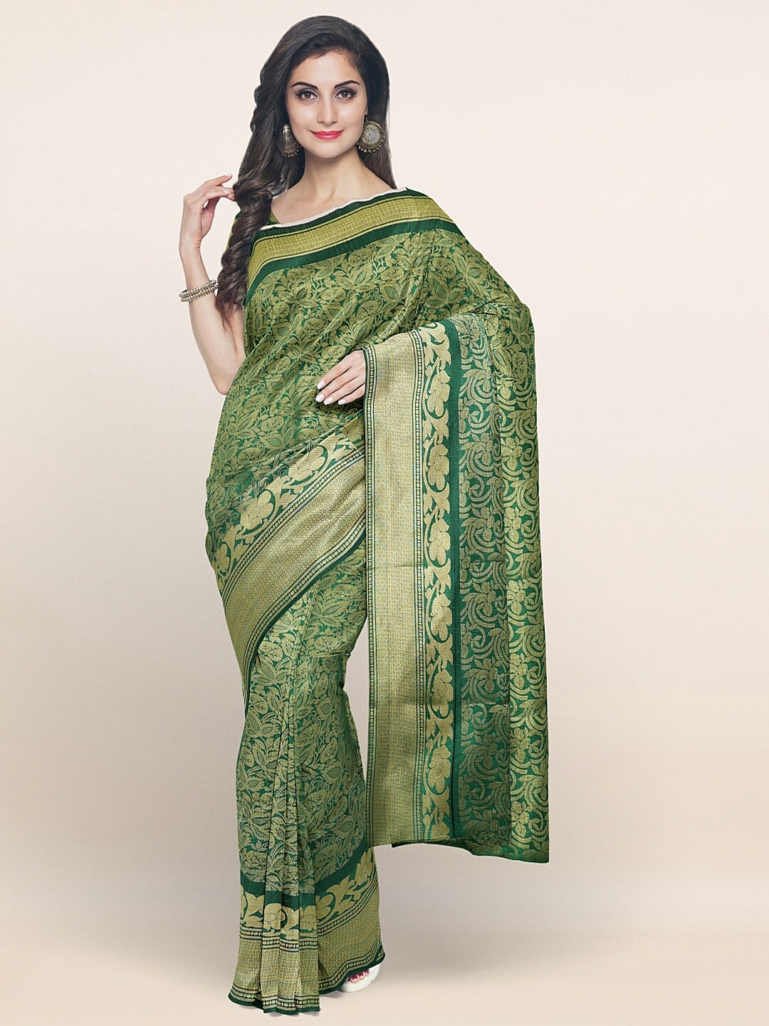 

Pothys Green & Gold-Toned Floral Woven Design Saree