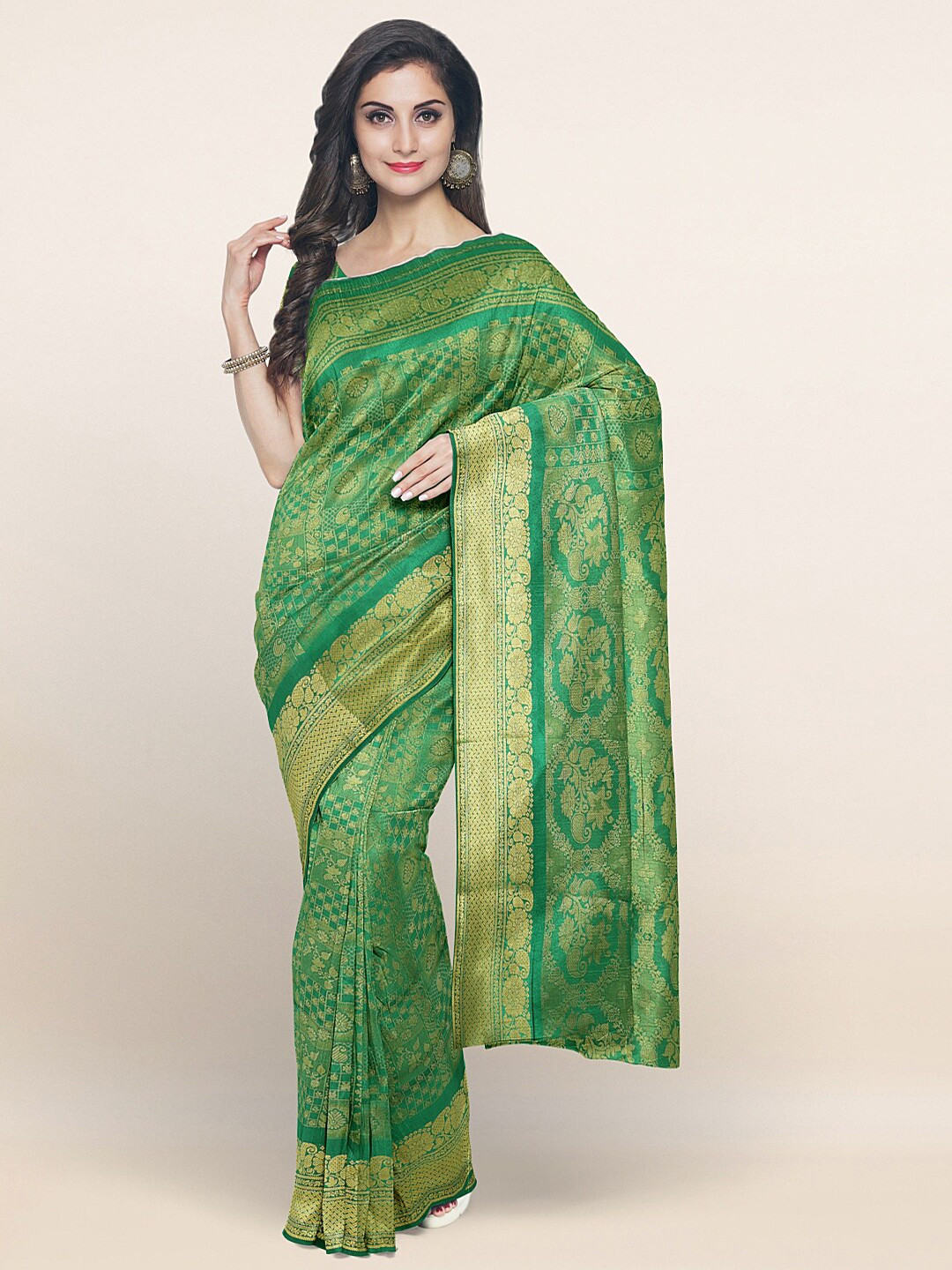 

Pothys Green & Gold-Toned Ethnic Motifs Art Silk Saree