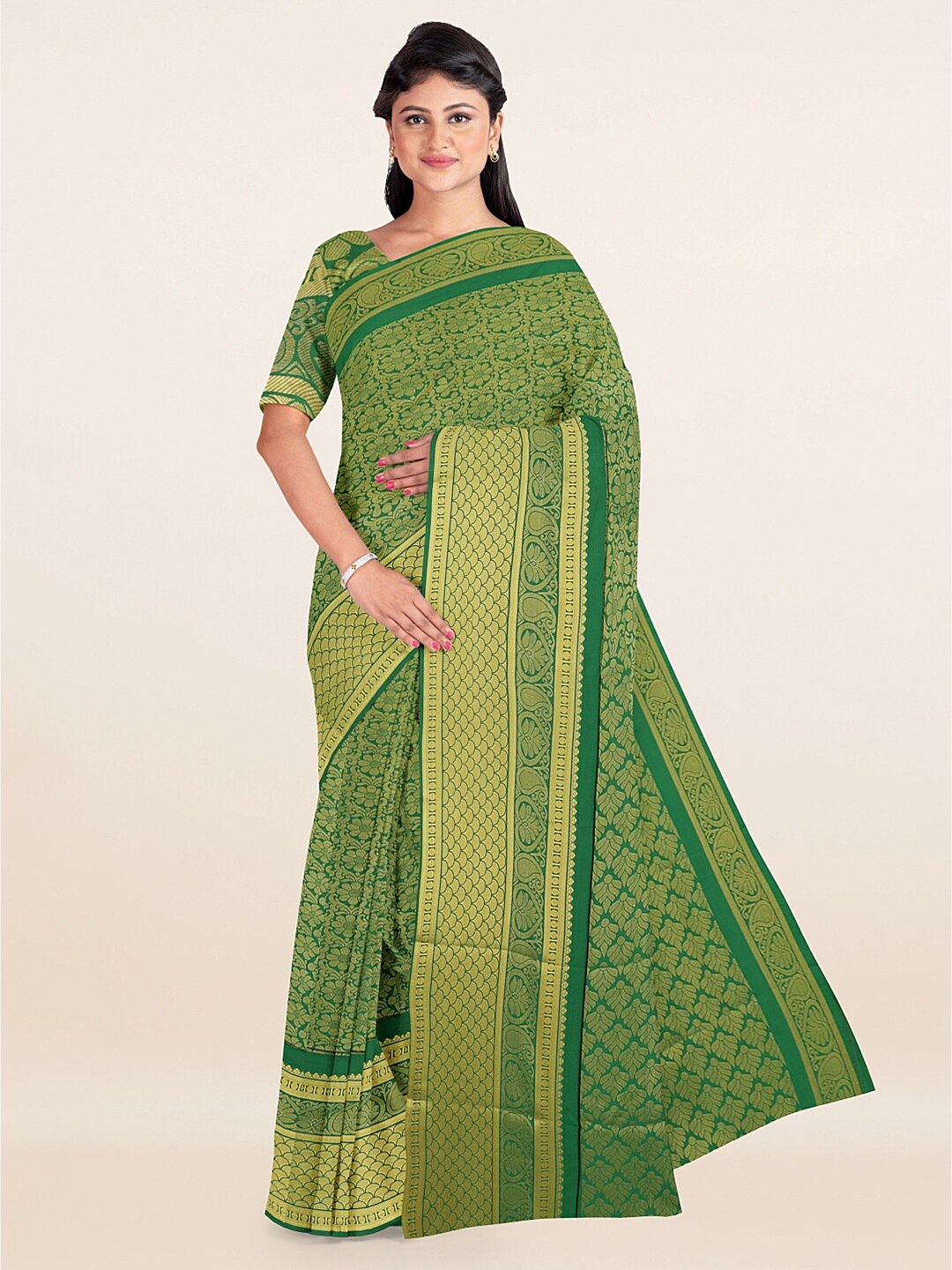 

Pothys Green & Gold-Toned Ethnic Motifs Zari Art Silk Saree
