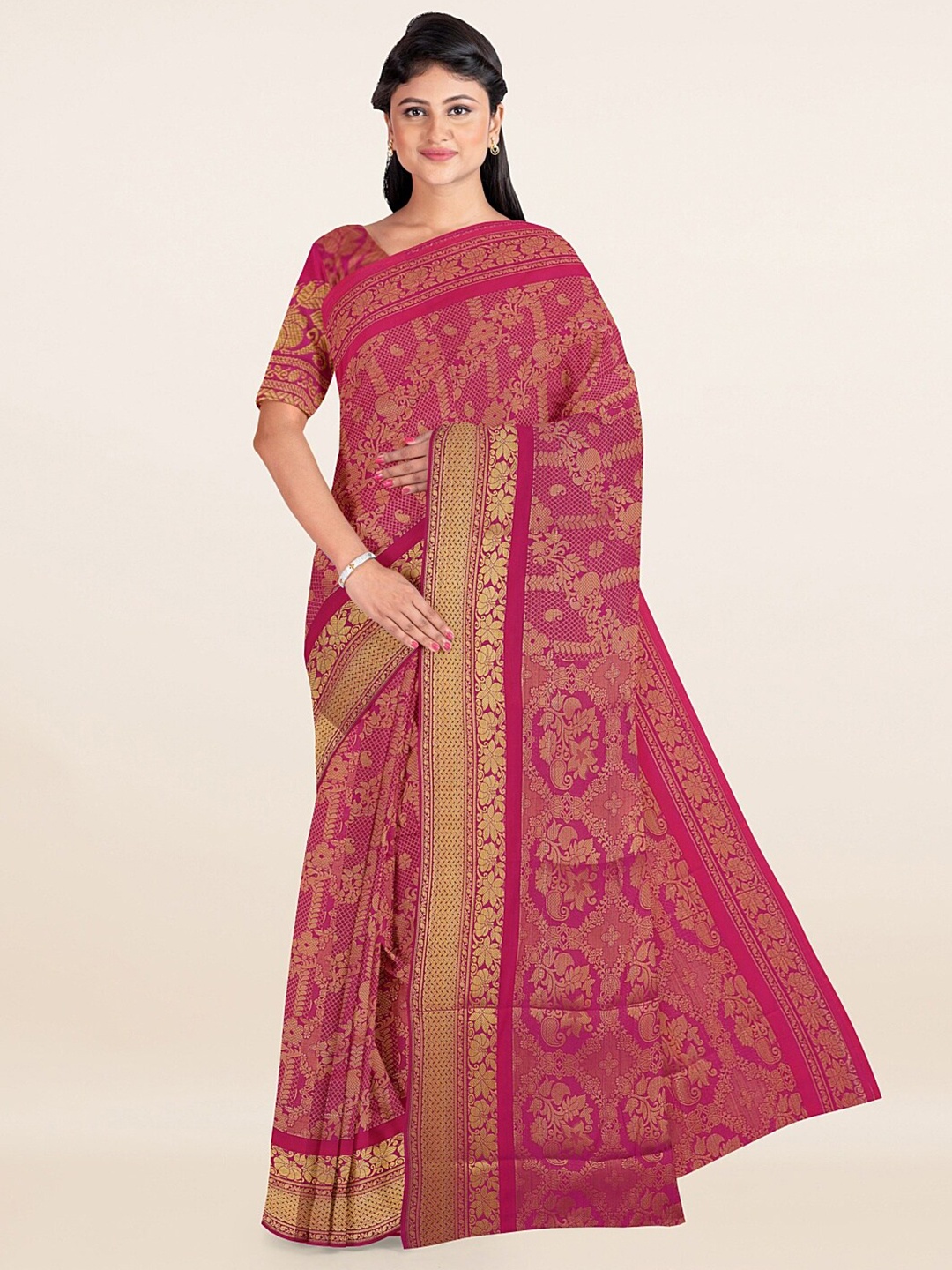 

Pothys Violet & Gold-Toned Floral Woven Design Saree