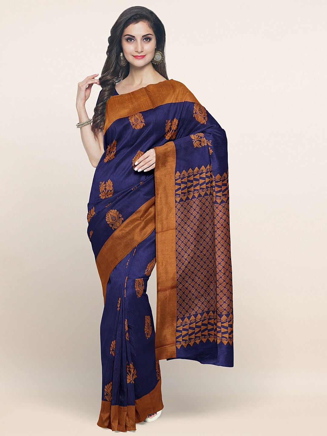

Pothys Blue & Camel Brown Ethnic Motifs Silk Blend Saree