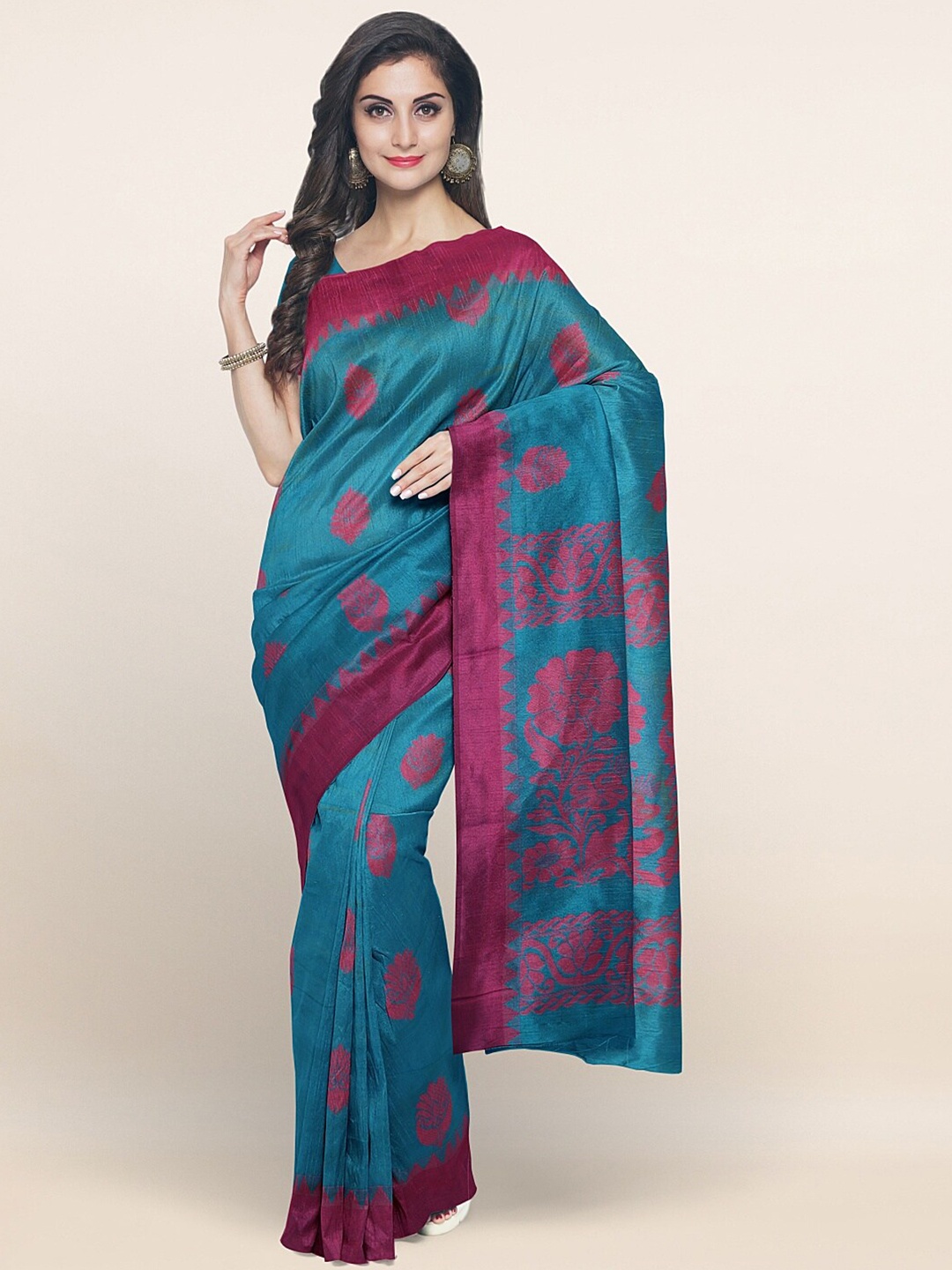 

Pothys Teal & Pink Woven Design Silk Cotton Saree