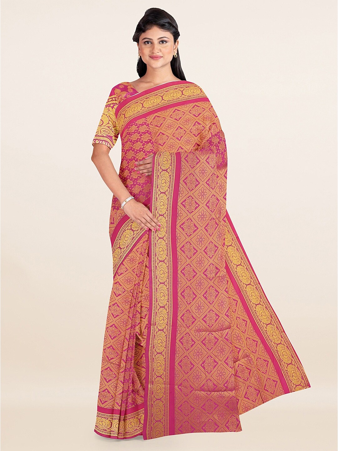 

Pothys Violet & Golden Floral Zari Art Silk Saree