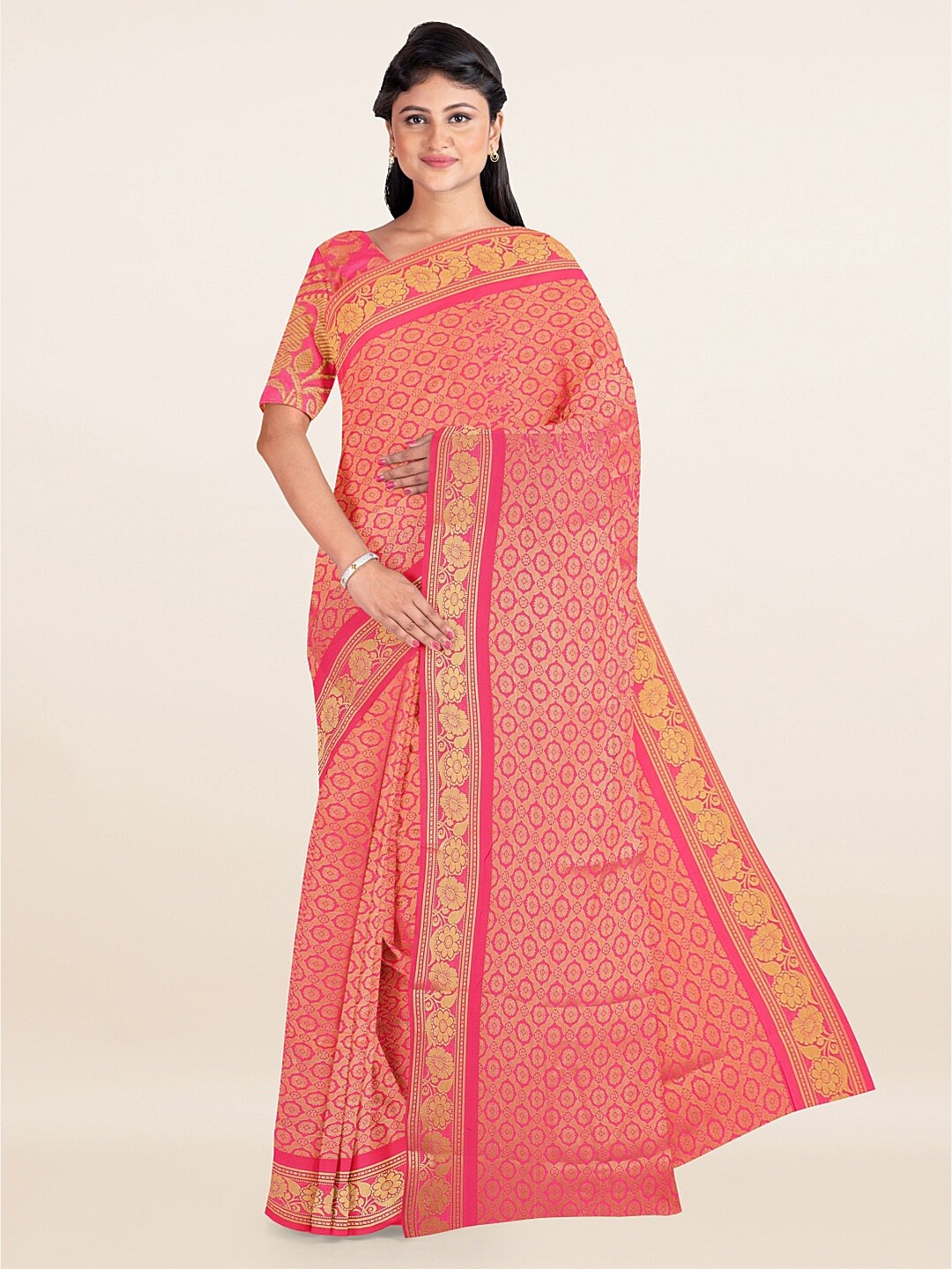 

Pothys Pink & Gold-Toned Ethnic Motifs Zari Art Silk Saree