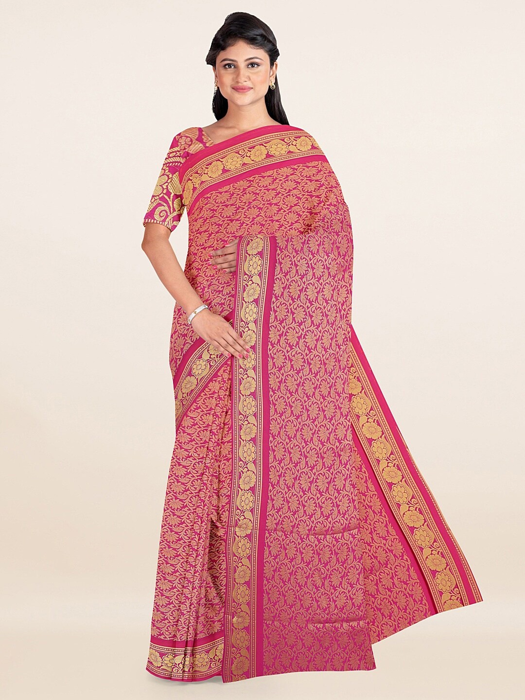 

Pothys Pink & Gold-Toned Floral Zari Art Silk Saree