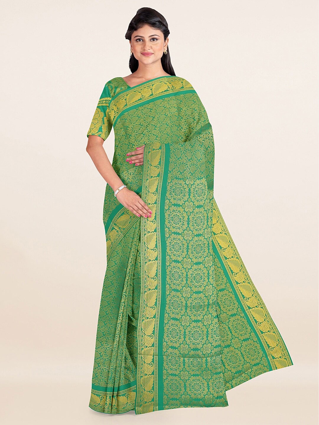 

Pothys Green & Gold-Toned Woven Design Zari Art Silk Saree