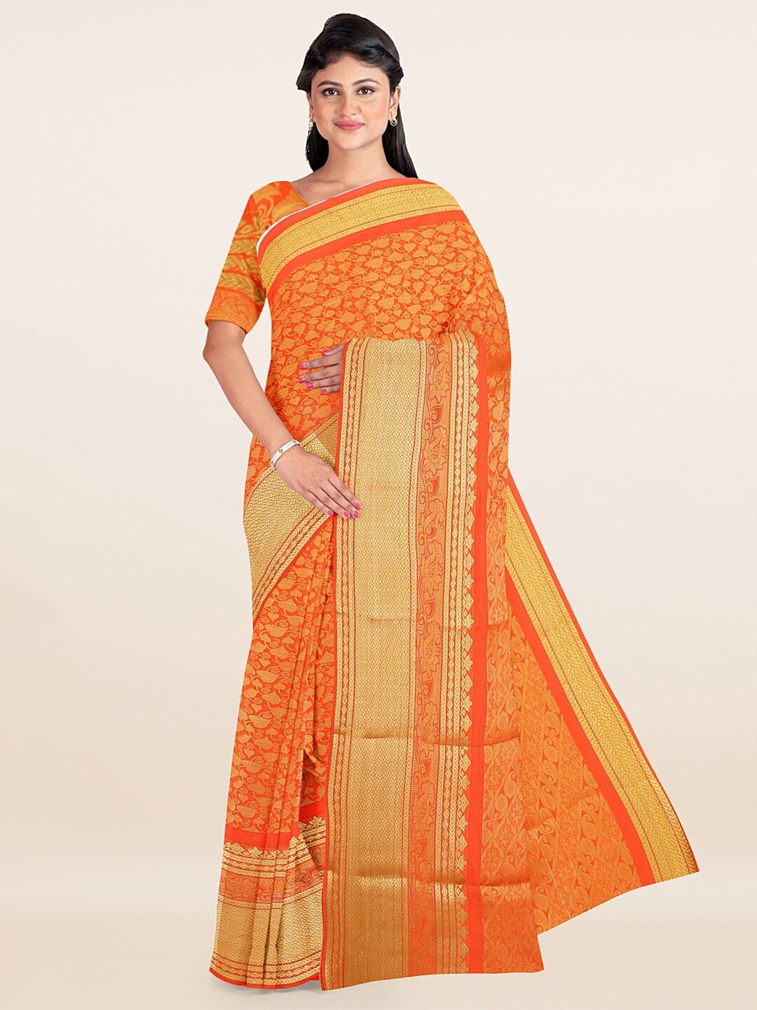 

Pothys Orange & Golden Floral Zari Art Silk Saree