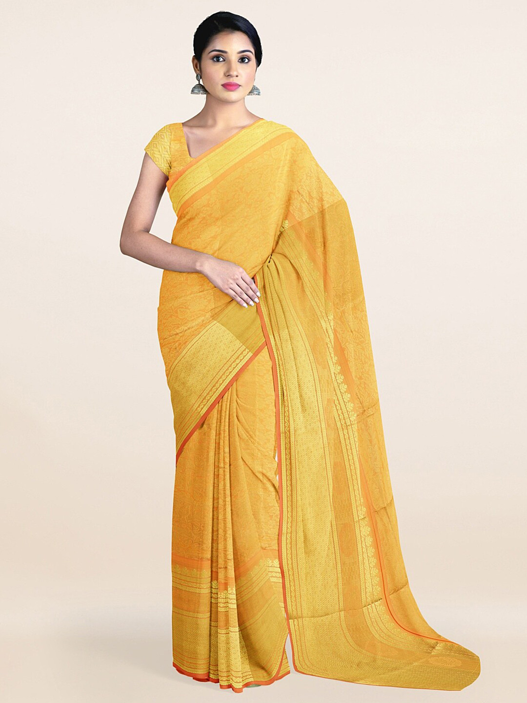 

Pothys Yellow & Golden Floral Zari Art Silk Saree